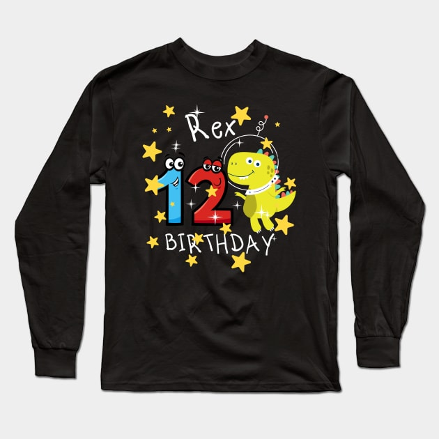 Kids 12th Birthday 12 Year Old Birthday Boy T Rex Dinosaur Space Long Sleeve T-Shirt by Johner_Clerk_Design